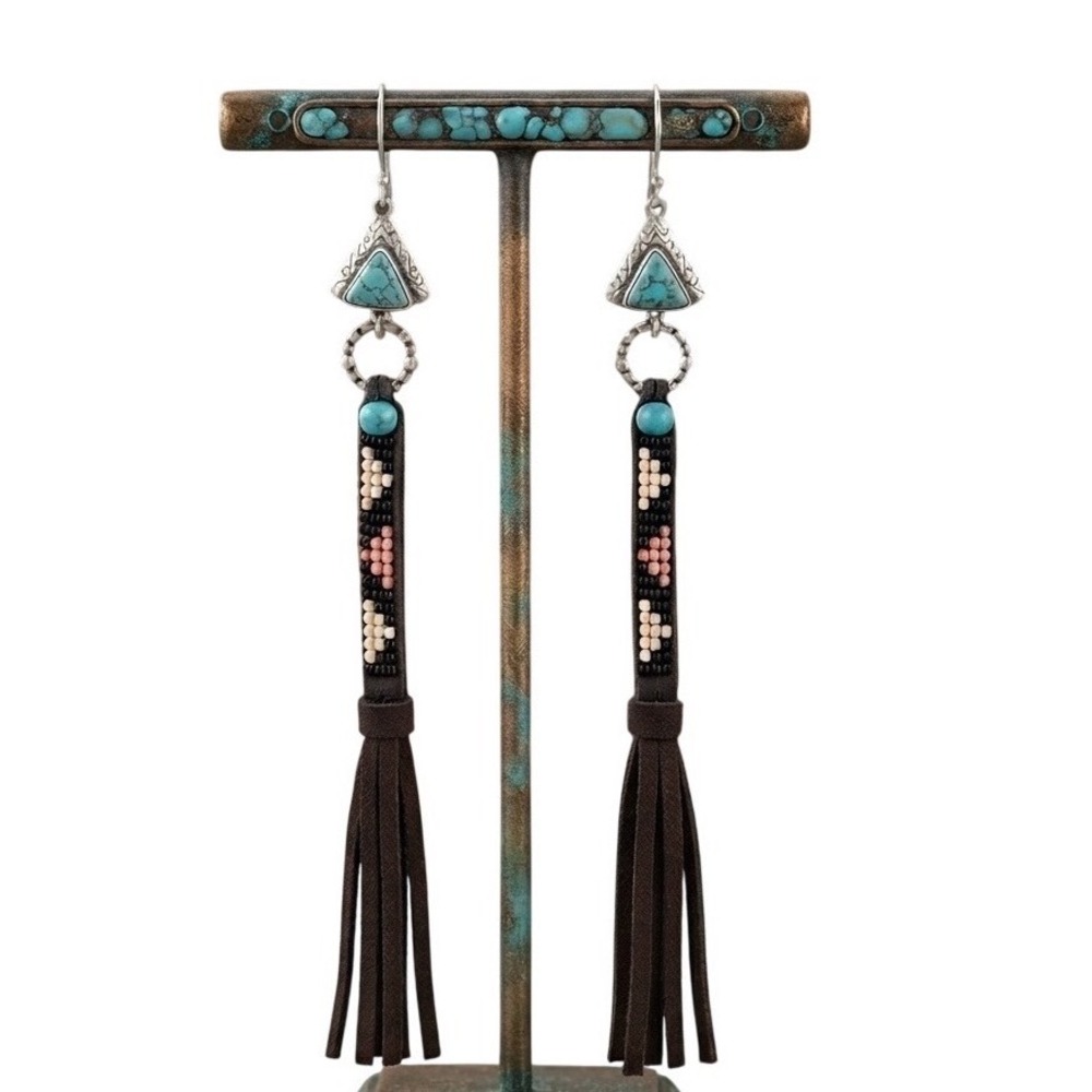 Southwestern Beaded Suede Tassel Clip‎ On Earrings Turquoise Brown Boho Western